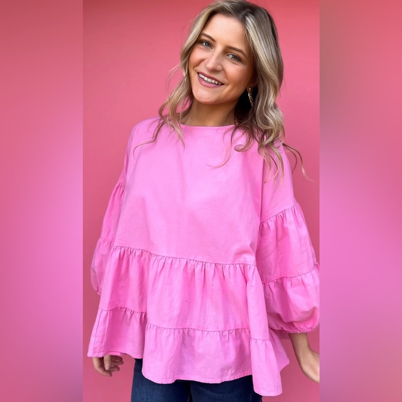 Pink Tiered Balloon Sleeve Blouse | Large (fits up to XXL) | Oversized - Picture 5 of 10